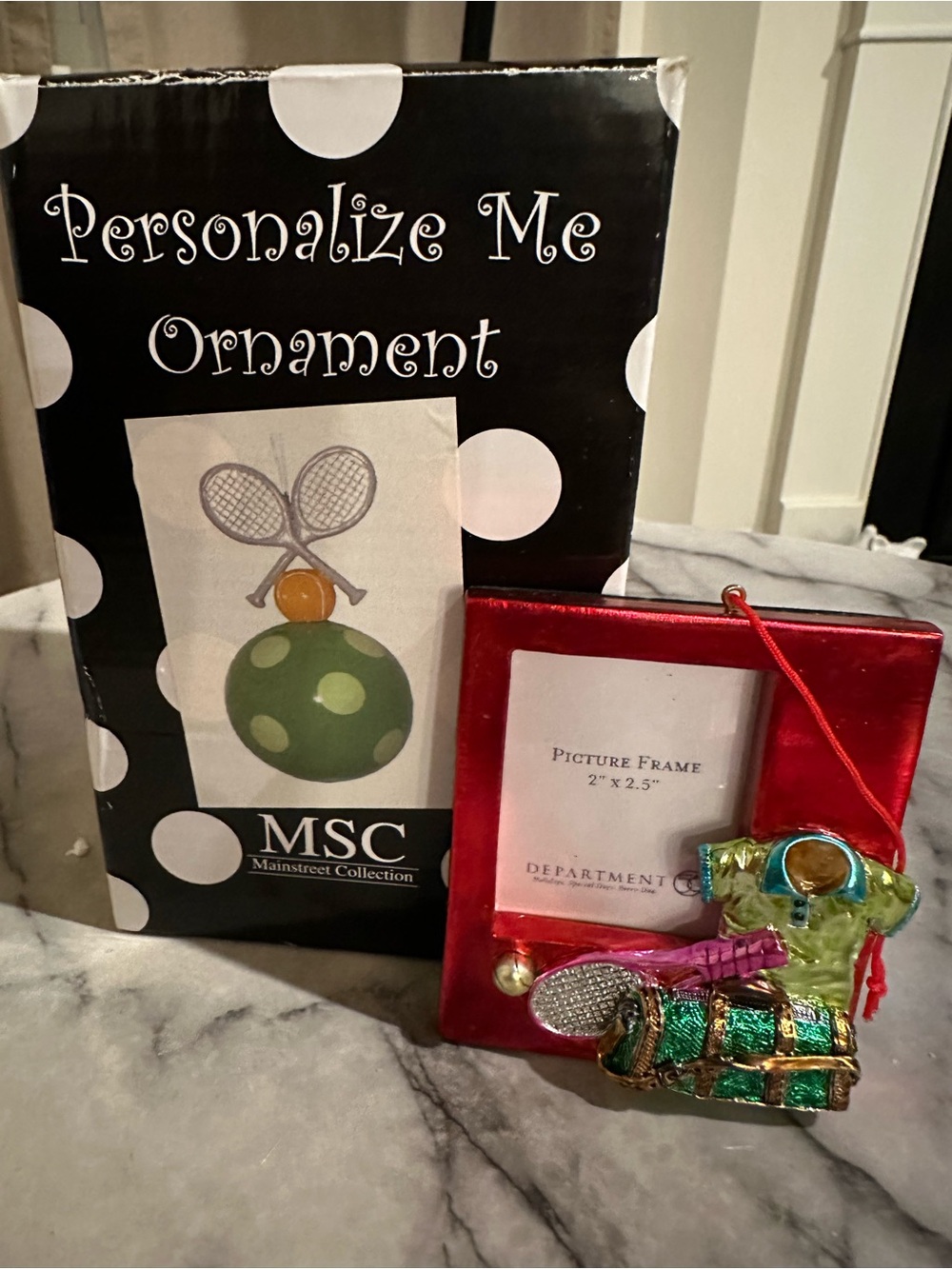 MSC Personalized Green and Red Tennis Ornament & ornament Picture Frame.